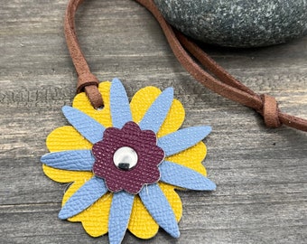 Small Leather Flower Purse Charm - Yellow, Light Blue and Pink Leather Flower Bag Charm - Gift Under 15