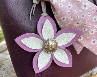 Leather Flower Bag Charm - Large Flower with Loop - Lilac and White