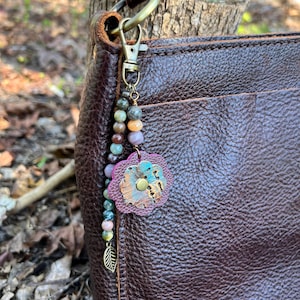 Beaded Purse Charm: Natural Stone & Leather Flower Bag Accessory