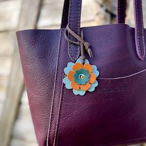 Small Leather Flower Purse Charm - Grey-Blue, Orange and Teal - Small Gift Under 15