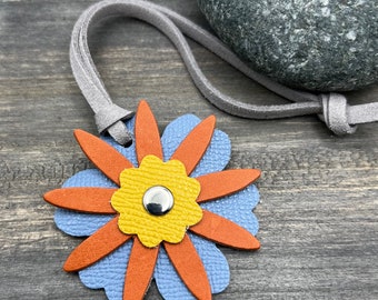 Small Leather Flower Purse Charm - Blue, Orange and Yellow - Gift for Her under 15