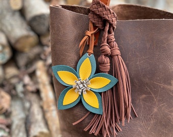 Leather Flower Bag Charm - Large Flower with Loop - Teal, Golden Yellow and Brown