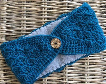 Wide Winter Headband - Teal Blue Crochet Ear Warmer with Gray Fleece Lining + Button - Warm Winter Accessory