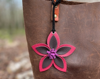 Leather Flower Bag Charm - Large Flower with Loop - Berry Pink and Purple Purse Flair