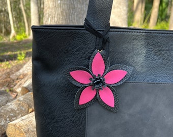 Leather Flower Bag Charm - Large Flower with Loop - Pink and Black - Gift for Her, Mother's Day