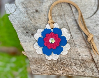 Small Leather Flower Purse Charm -  Rose Gold, Blue and Pink