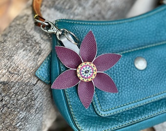 Leather Flower Bag Charm Keychain - Deep Pink Purse Charm with Clip - Gift for Her under 30