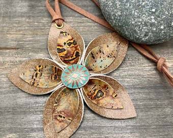 Leather Flower Bag Charm - Large Flower with Loop - Copper, Turquoise and Brown