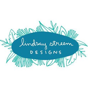 May include: A teal oval shape containing the white text lindsay streem DESIGNS in a handwritten script and block font, surrounded by a teal outline of various tropical leaves and foliage on a plain white background.