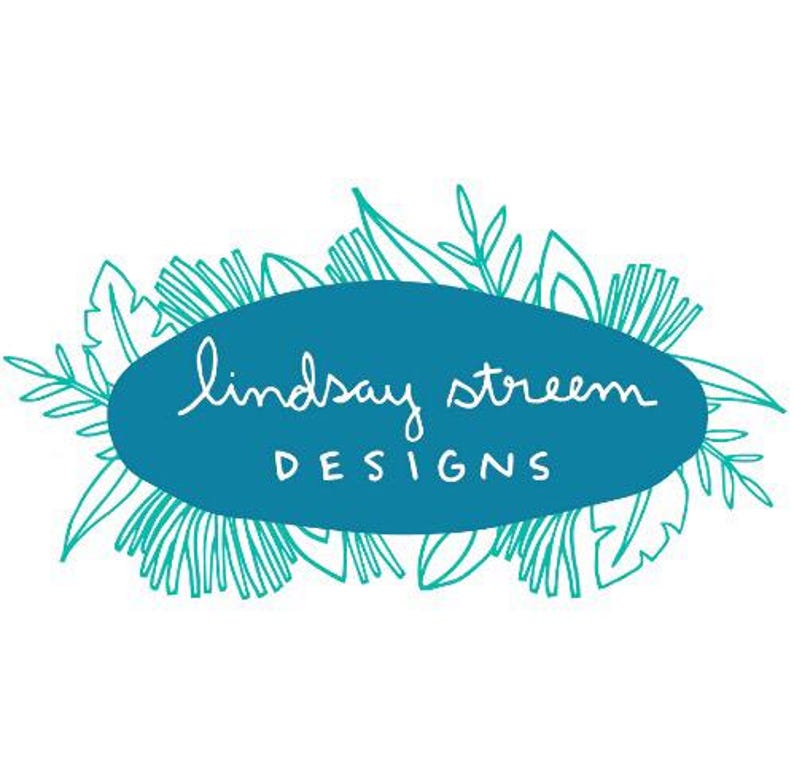May include: A teal oval shape containing the white text lindsay streem DESIGNS in a handwritten script and block font, surrounded by a teal outline of various tropical leaves and foliage on a plain white background.