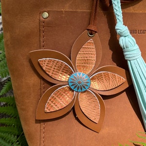 Leather Flower Bag Charm - Large Flower with Loop - Tan and Golden Orange