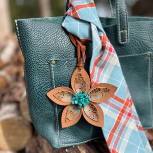 Leather Flower Bag Charm - Large Flower with Loop - Tan and Turquoise Purse Charm