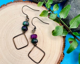 Square Hoop Dangle Earrings - Vintage Bronze with Ruby Zoisite - Gift for Her under 25