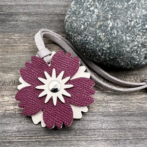 Leather Flower Bag Charm Keychain - Deep Red, Gunmetal and Cream