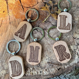 Monogram Initial Keychain - Wooden Key Ring Gift for Grads, Mom or Dad Under 10