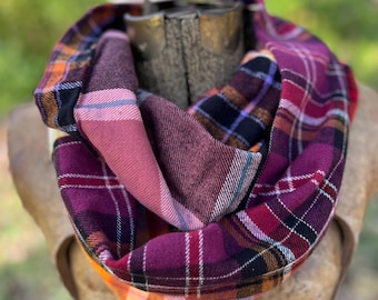 Patchwork Flannel Infinity Scarf - Berry and Burgundy Plaid Scarf