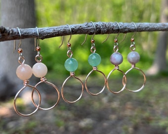 Rose Gold Dangle Hoop Earrings with Natural Stones