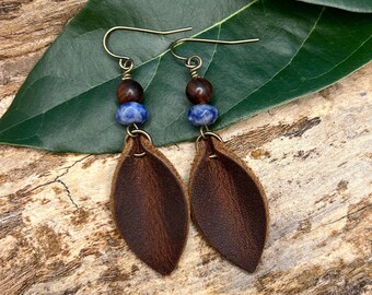 Western Style Leather Petal and Natural Stone Dangle Earrings