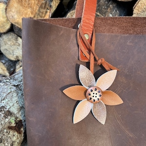 Leather Flower Bag Charm with Tote Loop in Beige and Brown