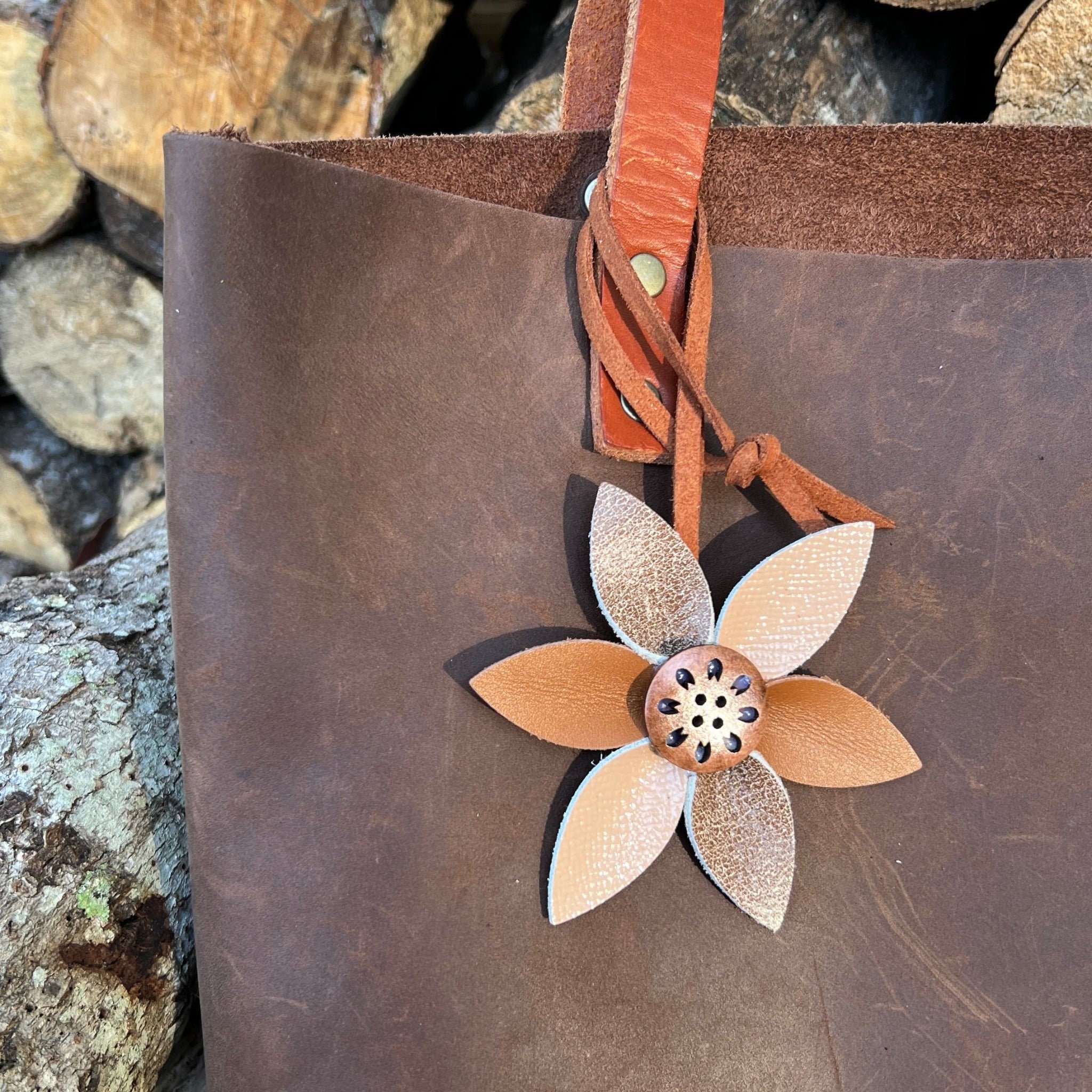 Leather Flower Bag Charm - Large Flower with Loop - Brown and White