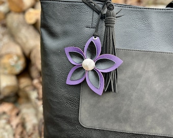 Leather Flower Bag Charm - Large Flower with Loop - Dark Purple and Black