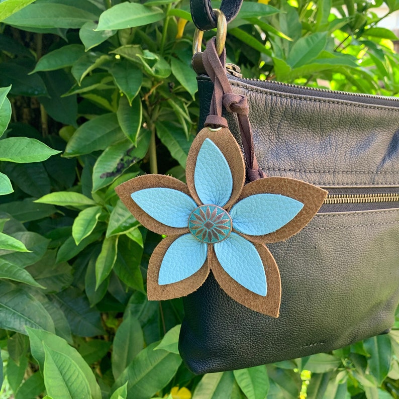 Leather Flower Bag Charm Large Flower With Loop Dark Brown Etsy