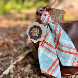 Leather Flower Bag Charm - Tan, Steel Blue and Purple