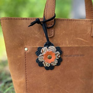 Small Leather Flower Purse Charm - Black, Floral and Orange - Small Gift Under 15