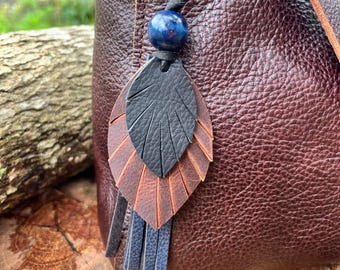 Leather Feather Tassel Bag Charm - Black, Brown and Navy