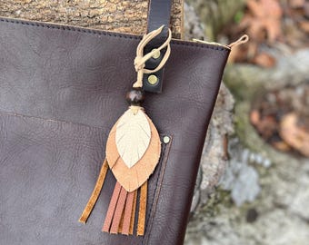 Leather Feather Tassel Bag Charm - Brown and Tan