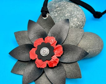 Leather Flower Purse Charms - Deluxe Flower in Black, Gray and Red Large Flower Bag Charm Gift for Her under 50