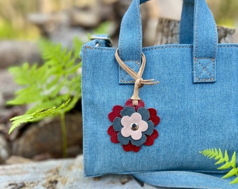 Small Leather Flower Purse Charm -  Red, Denim Blue and Tan Flower for Handbag or Tote - Gift under 15