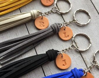 Tassel Keychain with Personalized Leather Letter Charm - 3.5" Mini Faux Leather Tassel Keyring Hand Stamped Custom Graduation Gift