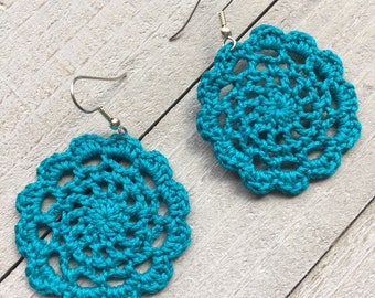 Bohemian Lace Crochet Earrings - Bright Blue Crocheted Mandala - Boho Gypsy Hippie Earrings