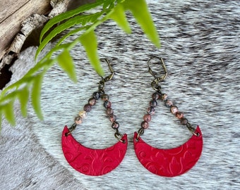 Cowgirl Chic Leather Crescent Earrings with Leopard Jasper