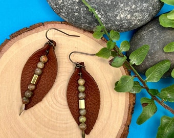 Leather Petal Earrings - Warm Brown with Autumn Jasper - Fall Style Dangle Earrings for Her