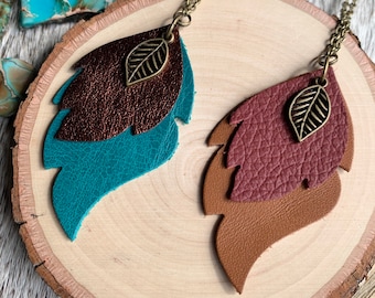Leather Feather Necklace - 30" Chain with Layered Leather Leaves and Feathers