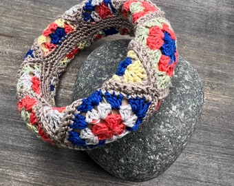 Hippie Chic Crocheted Bangle Bracelet - Retro Style Patchwork Boho Statement Bracelet