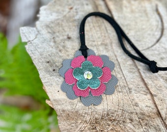 Small Leather Flower Purse Charm -  Gray and Pink