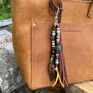 Boho Beaded Purse Charm: Natural Stone & Leather Tassel