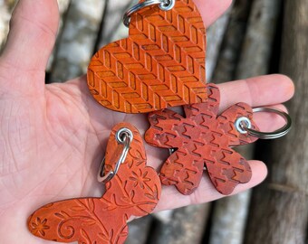 Leather Purse Charms - Embossed Leather Heart, Butterfly and Flower - Handmade Bag Charms