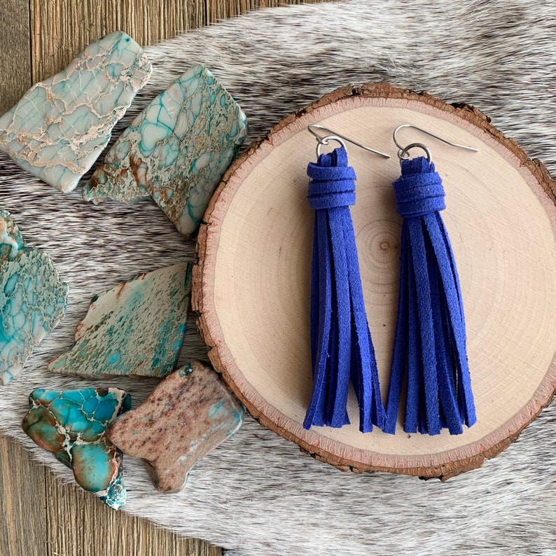 Cobalt Blue Tassel Earrings in Bright Faux Suede Leather Etsy