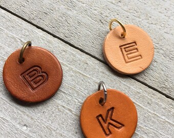 Initial Charm ADD-ON - Genuine Leather Hand Stamped Letter on 3/4" Circle - Custom Personalized Keychains, Tassels, Necklaces