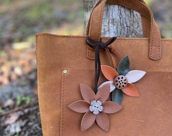 Purse Charm - Leather Flower Bag Charm with Tote Loop in Spring Neutrals