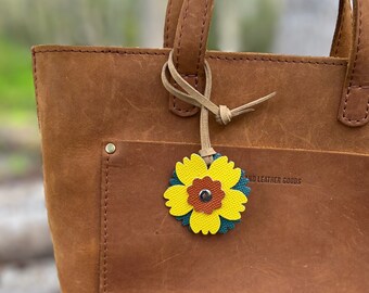 Small Leather Flower Purse Charm -  Teal, Yellow and Orange