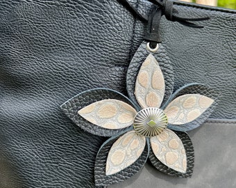 Leather Flower Bag Charm - Large Flower Purse Charm with Loop - Black and Textured Neutral