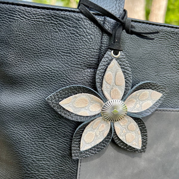 Leather Flower Bag Charm - Large Flower Purse Charm with Loop - Black and Textured Neutral