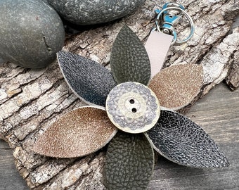 Leather Flower Bag Charm Keychain - Green, Brown and Black Flower for Purse, Tote, Bag or Key ring - Gift for her under 30