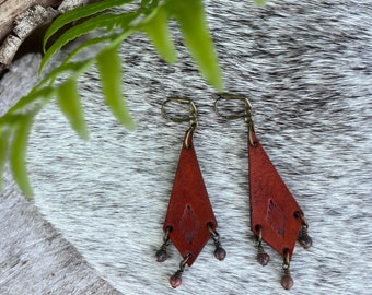 Western Style Leather Chandelier Earrings with Leopard Jasper