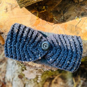 Blue Tweed Winter Headband: Fleece Lined Chunky Knit Ear Warmer